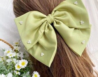 Avocado Green Satin Large Bow Sweet Hair Clip,Wedding Bow,Ladies Bow,Long Tail Bow