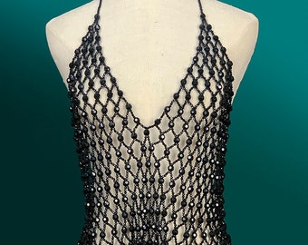 Hand Woven Bead Top,Black Beaded Vest Body Chain, Party Costume Accessories