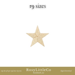 May include: A digital embroidery design of a five-pointed star with a textured gold thread pattern. The text above reads 19 sizes, and the bottom text reads RosyLittleCo handmade joy, exp-dst-jef-pes-vp3-hus-vip-xxx, digital download.