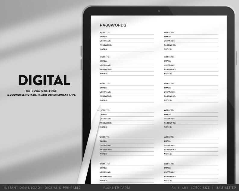Passwords Tracker Planner Printable & Digital , A4/ A5 / Letter / Half ...