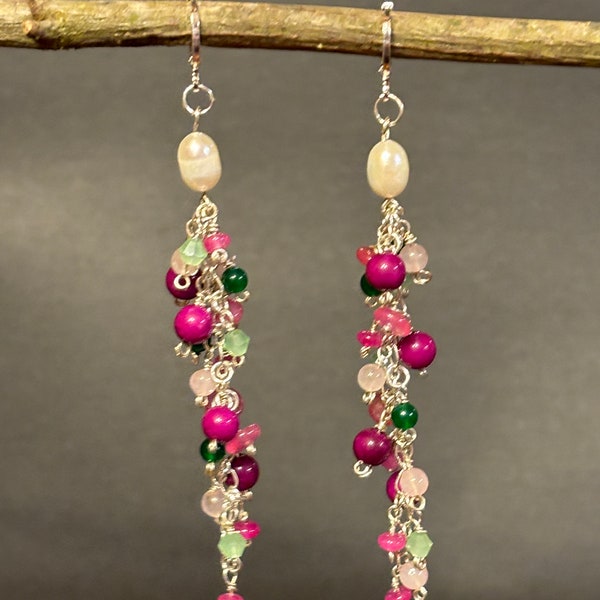 Semi Precious Sterling Silver Mixed Beaded Chandelier Earrings