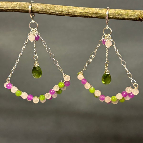 Peridot, Green Jade, Red Purple Jade, and Rose Quartz Chandelier Earrings