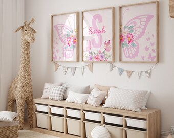 Set of  3 Butterfly Nursery, Custom Name Butterfly Nursery, Pink Babygirl Room Wall Art, Pink Watercolor Butterfly Nursery Digital Print