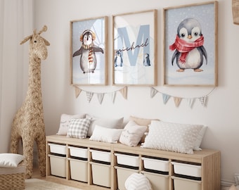Personalized Watercolor Penguin Wall Art, Penguin Set of 3, Nursery name sign wall art, Penguin Nursery Decor,Nursery Decor for kids, Art