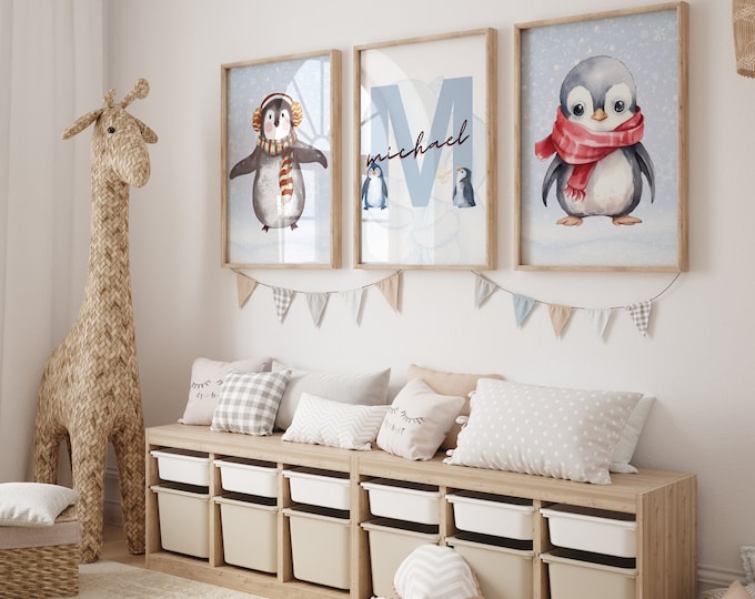 Art mural personnalisé aquarelle pingouin, lot de 3 pingouins, art mural signe nom de chambre d'enfant, décoration de chambre de pingouin, décoration de chambre d'enfant pour enfants, art