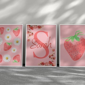 Custom Name Pink Strawberry Wall Art Set - Personalized Nursery Decor ...