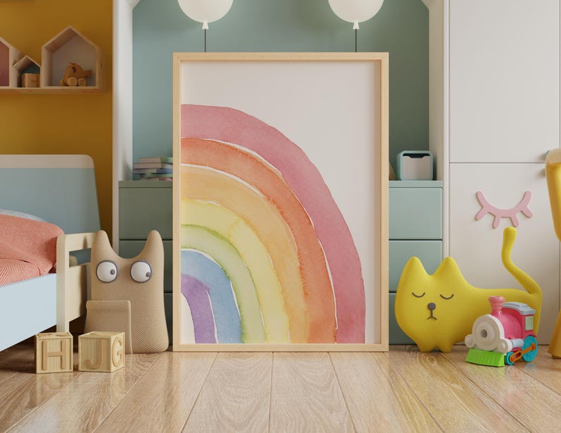 Set of 3 rainbow and flower watercolor prints for girls room