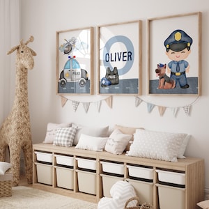 Police Car Wall Art for Boys Room – 3 Piece Custom Name Police Officer Nursery Decor – Editable Printable Police Theme Set - Blue Nursery