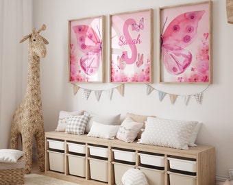 Juego de 3 mariposas para guardería, impresión digital de mariposas en acuarela, mariposa rosa para guardería, decoración personalizada para habitación de niña con mariposas, digital