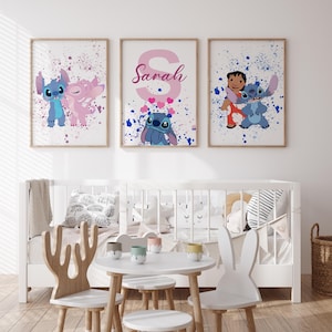 Stitch and Lilo Wall Art, Angel Stitch Printable Nursery Decor, Custom Name Set of 3, Girl or Boy Room Digital Download - Stitch Nursery Art