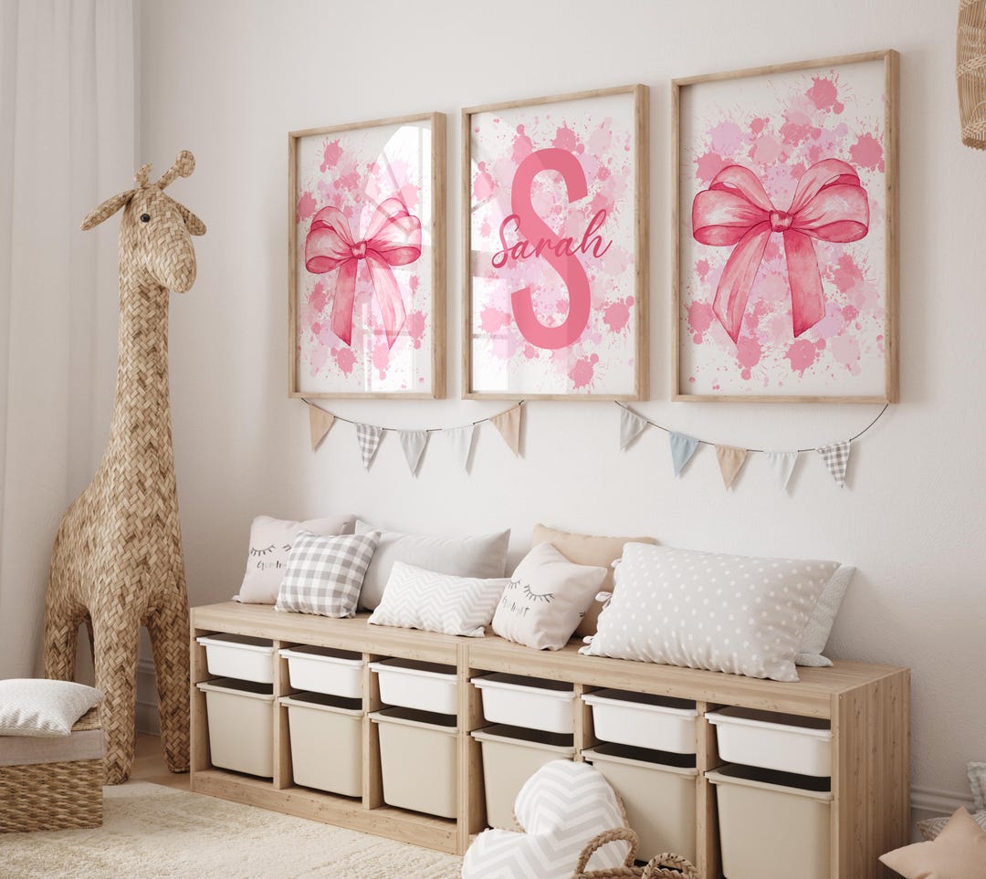 Personalized Pink Bow Wall Art for Girls Room – 3 Piece Custom Name ...