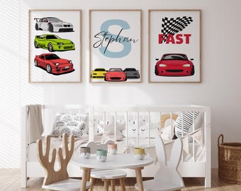 Custom Name Race Car Wall Art Set - Boys Room Decor, 3-Piece Sports Car Theme - Personalized Boys Room Wall Art - Race Car Theme Nursery Art