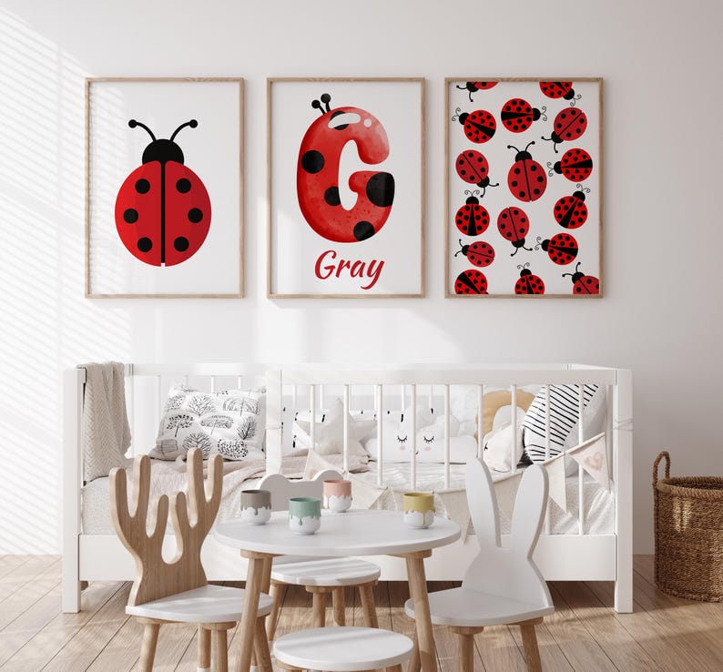 Personalized Ladybug Nursery Wall Art Set | Custom Name Prints for Kids ...