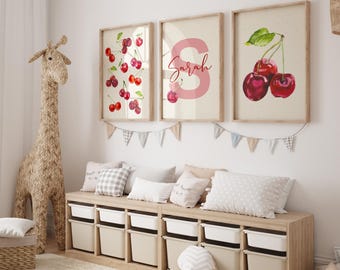 Custom Name Cherry Theme Nursery Wall Art Set of 3 – Pink Watercolor Cherry Prints for Baby Girl Room Decor – Soft Modern Nursery Poster Set