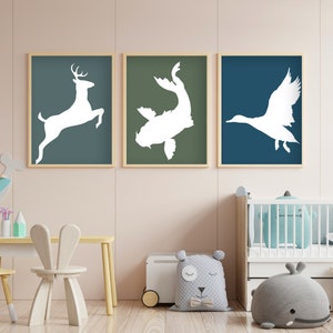 Set von 3 Jagd-Kinderzimmer-Dekoration, Buck-Kinderzimmer, Enten-Kinderzimmer-Wandkunst, Fischen-Kinderzimmer-Kunst, im Freien Kinderzimmer, Jungen-Kinderzimmer-Wand-Kunst, Geschenk BabyBoy