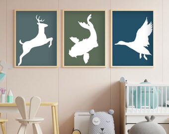 Set of 3 Hunting Nursery Decor, Buck Nursery,Duck Nursery Wall art,Fishing kids Room Art,Outdoor Nursery, Boy Nursery Wall Art, Gift BabyBoy