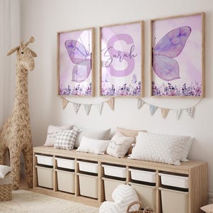 Purple Butterfly and Floral Wall Art for Girls Room - Modern Nursery Decor with Customizable Digital Design, Perfect for Kids&#39; Spaces