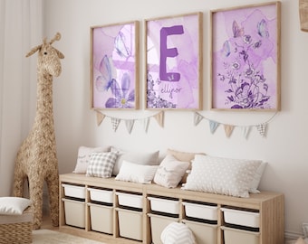 Aangepaste naam vlinder digitale print, set van 3 vlinder kinderkamer decor, paarse vlinder babygirl kamer decor, vlinder en bloem kwekerij