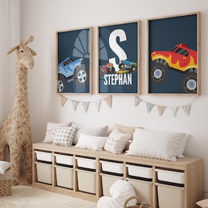 Personalized Monster Truck Wall Art Set of 3 for Boys Room, Vibrant Digital Prints, Monster Truck Bedroom Nursery Decor, Kids Room Trucks