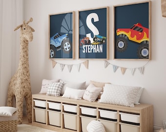 Juego de 3 cuadros de pared personalizados de Monster Truck para habitación de niños, impresiones digitales vibrantes, decoración de dormitorio infantil de Monster Truck, camiones para habitación de niños