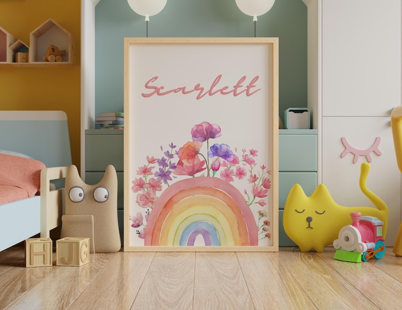 Delicate pastel rainbow and flower wall art for nursery decor