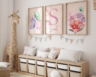Impresión digital de guardería de mariposas y flores, Decoración de habitación de niña de mariposa, Decoración de guardería de mariposa personalizada, Juego de 3 habitaciones de niña