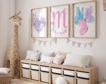 Lámina digital de mariposa en acuarela personalizada, decoración para habitación infantil de niña con nombre personalizado, decoración para habitación infantil con mariposa rosa, lámina digital de mariposa