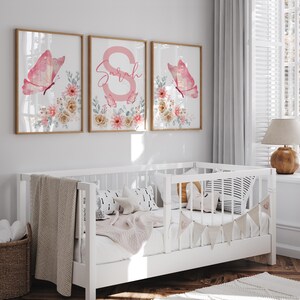 Personalized Pink Butterfly and Floral Watercolor Wall Art for Girls Nursery - Custom Name Kids Room Decor - Flower Themed Nursery Prints