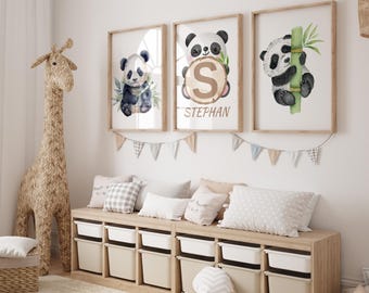 Arte mural personalizado de panda en acuarela: impresiones digitales de 3 piezas para habitaciones infantiles / Decoración infantil con opción de nombre personalizado - Panda Nursery