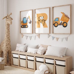 Orange Construction Trucks and Excavator Wall Art - Set of 3 Personalized Prints for Boys Room, Truck Themed Bedroom Decor, Digital Download