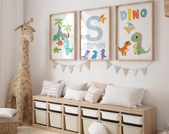 Personalized Dinosaur Wall Art Set for Boys Room - Custom Name 3 Piece Dinosaur Decor - Nursery or Kids Room Dino Theme - Set of 3 Dino Art