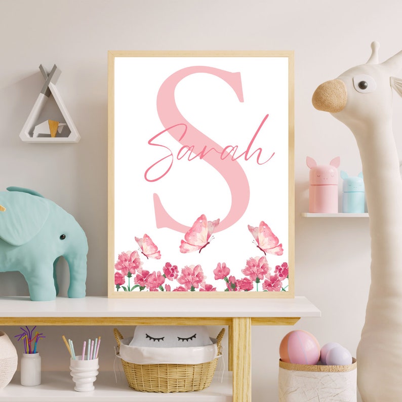 Pink Butterfly and Flower Theme Custom Name Wall Art Set for Girl's ...