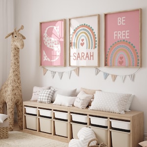 Personalized Pink Rainbow Wall Art Set for Girls, Watercolor Bedroom Decor, Custom Digital Prints, Perfect for Kids&#39; Room or Nursery - Pink