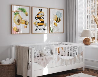 Bee Themed Nursery Wall Art for Girls, Custom Name Printable Set of 3, Yellow Baby Room Decor, Digital Bee Wall Art Download, Yellow Nursery