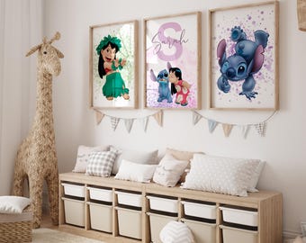 Personalized Lilo & Stitch Wall Art Set - Custom Name Nursery Decor - 3 Piece Kids Room Print - Stitch Digital Print - Lilo Stitch Nursery