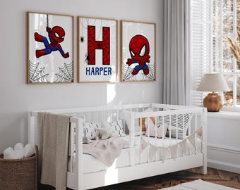 Personalized Spiderman Wall Art for Boys Room – 3 Piece Custom Name Superhero Nursery Prints – Editable Digital Spider Hero Decor for Kids
