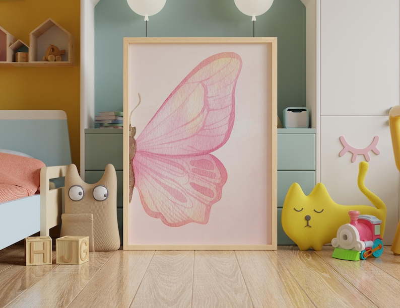 Butterfly-themed digital printable wall art in soft pink hues.