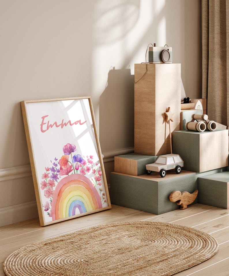 Minimalist rainbow and flower watercolor wall prints for children