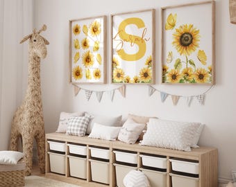 Personalized Sunflower Wall Art for Kids Room | Custom Name Nursery Decor | Set of 3 Sunflower Prints | Baby Room Wall Art- Yellow Flower