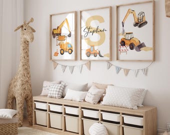 Cuadro de camión de construcción para habitación de niño: decoración personalizada con temática de excavadora y camión volquete. Juego de 3 impresiones digitales. Arte amarillo.