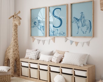 Personalized Cowboy Theme Wall Art Set for Boy's Nursery - Blue Background with Custom Name, Digital Download Printable Decor - Cowboy Art