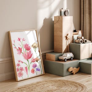 Girls bedroom wall art featuring watercolor rainbows and flowers