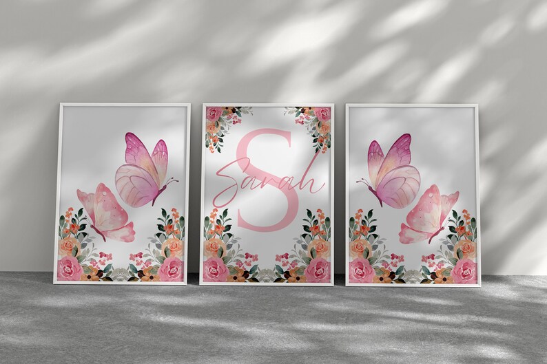 Personalized Butterfly & Flower Wall Art Set - Watercolor Nursery Decor ...