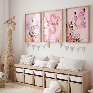 Personalized Set of 3 Watercolor Butterfly Nursery Decor, Flower and Butterfly BabygirlRoom Decor, Name Sign Watercolor Floral Digital Print