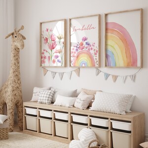 Watercolor rainbow and flower-themed wall art for girls nursery