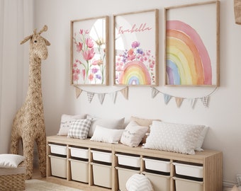Personalized Baby Girl Rainbow Print, Boho Nursery Decor, Custom Watercolor Wall Art, Custom Rainbow Baby Name Poster, Watercolor Flower