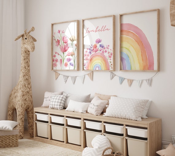 Personalized Baby Girl Rainbow Print, Boho Nursery Decor, Custom Watercolor Wall Art, Custom Rainbow Baby Name Poster, Watercolor Flower