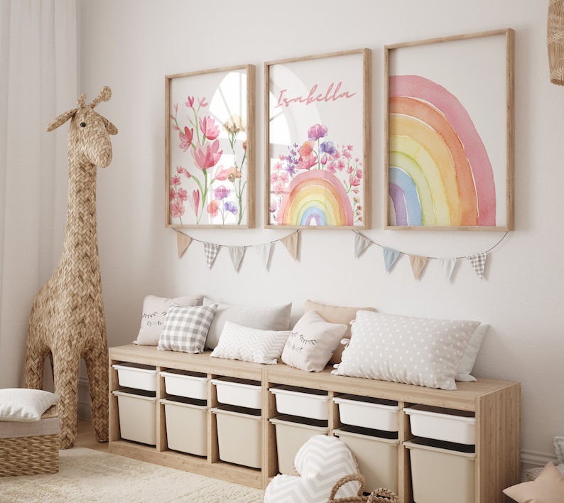 Watercolor rainbow and flower-themed wall art for girls nursery