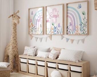 Personalized Pink Rainbow Digital Designs for Girls&#39; Bedroom Decor-  Custom Name Rainbow Wall Art, Flower and Rainbow Digital Print, Pink