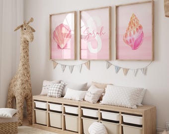 Pink Seashell Wall Art for Girls Room – 3 Piece Custom Name Nursery Prints – Editable Oyster Shell Digital Decor for Baby Girl - Pink Ocean